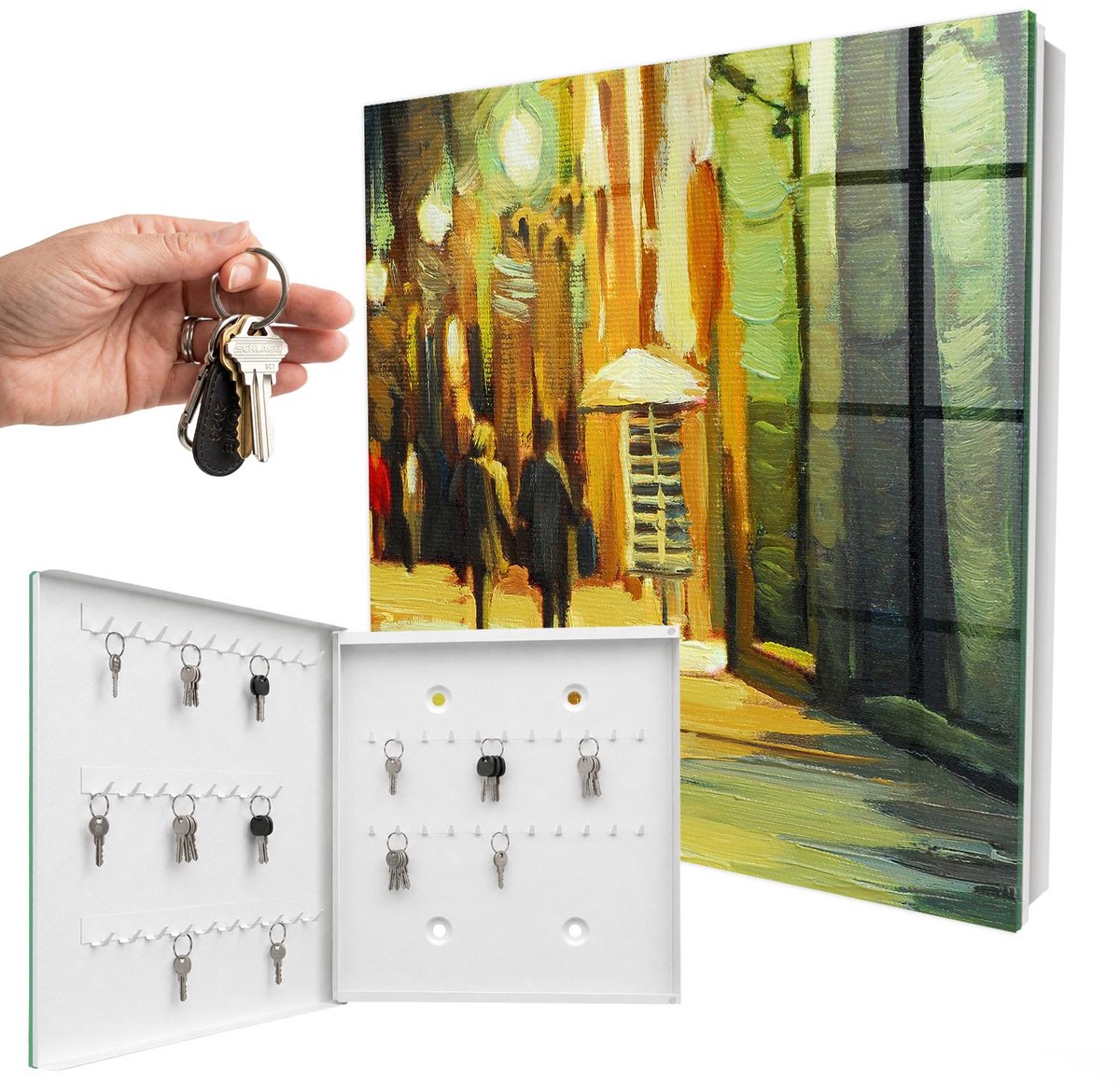 WallMuralia - Sleutelkast - 30x30x5 cm - met 50 haken - Nachtstad Sleutelkastje Hal - Groente Sleutelbox - Linksopenend - Wit interieur