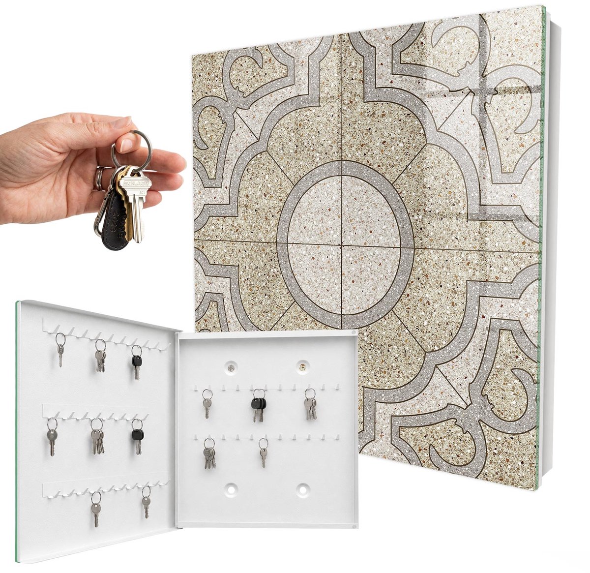 WallMuralia - Sleutelkast - 30x30x5 cm - met 50 haken - Elegant Mozaïek Sleutelkastje Design - Beige Sleutelbox - Linksopenend - Wit interieur