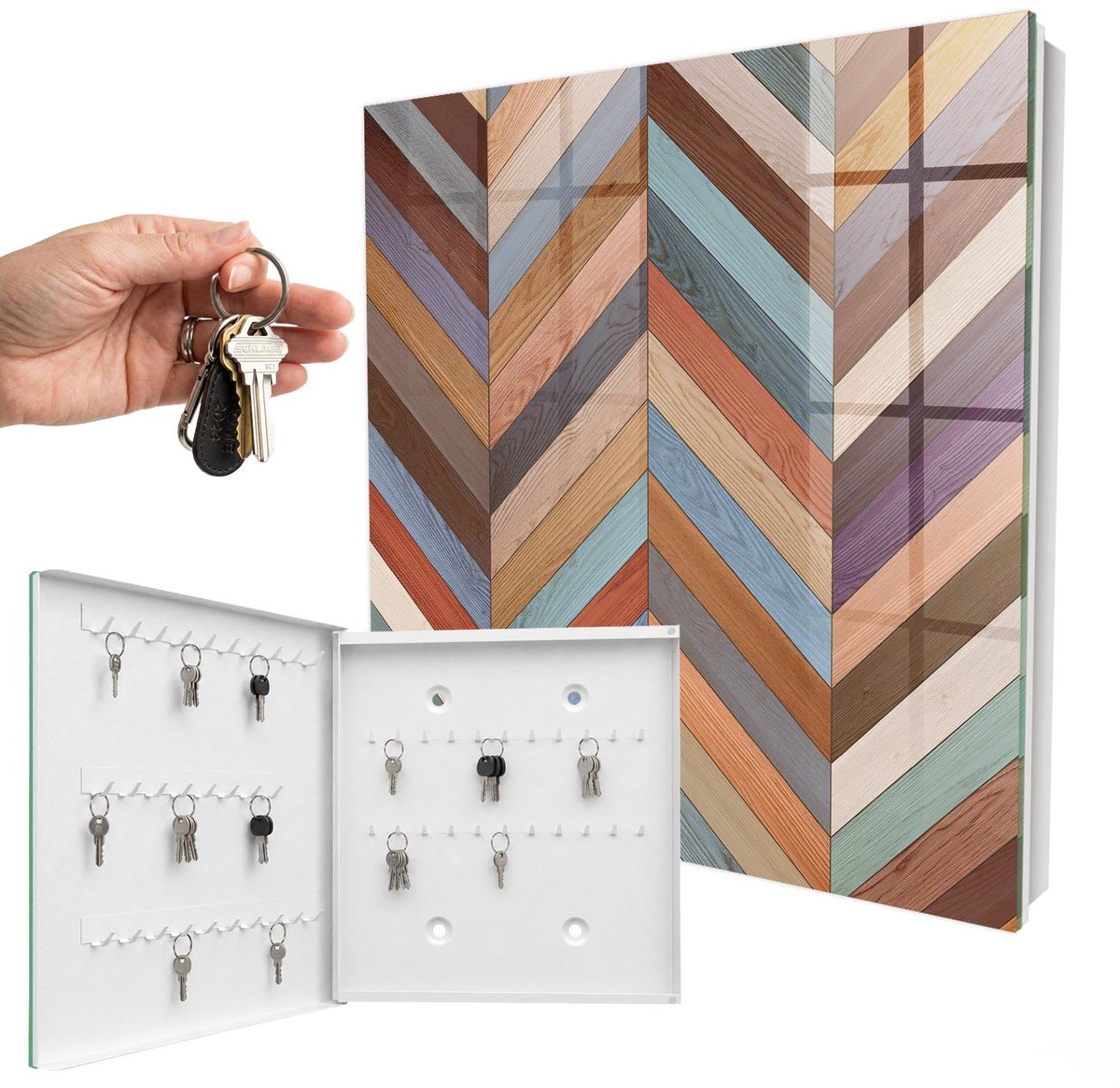 WallMuralia - Sleutelkast - 30x30x5 cm - met 50 haken - Visgraatpatroon Sleutelkastje Binnen - Bruin Sleutelbox - Linksopenend - Wit interieur