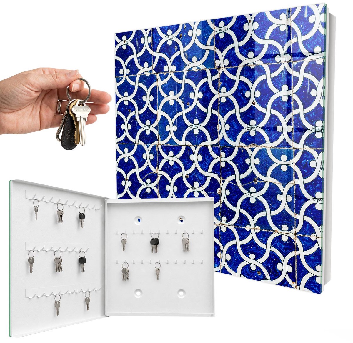 WallMuralia - Sleutelkast - 30x30x5 cm - met 50 haken - Geometrische Tegels Sleutelkastje Gang - Blauw Sleutelbox - Linksopenend - Wit interieur