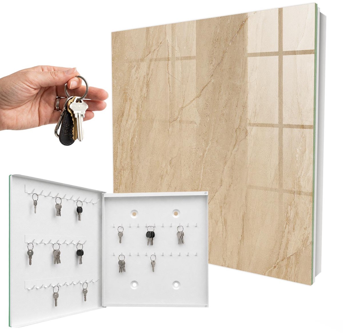 WallMuralia - Sleutelkast - 30x30x5 cm - met 50 haken - Beige Marmer Groot Sleutelkastje - Beige Sleutelbox - Linksopenend - Wit interieur