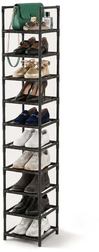 Zwart, 10-laags open schoenenrek met diverse schoenen en accessoires erop.