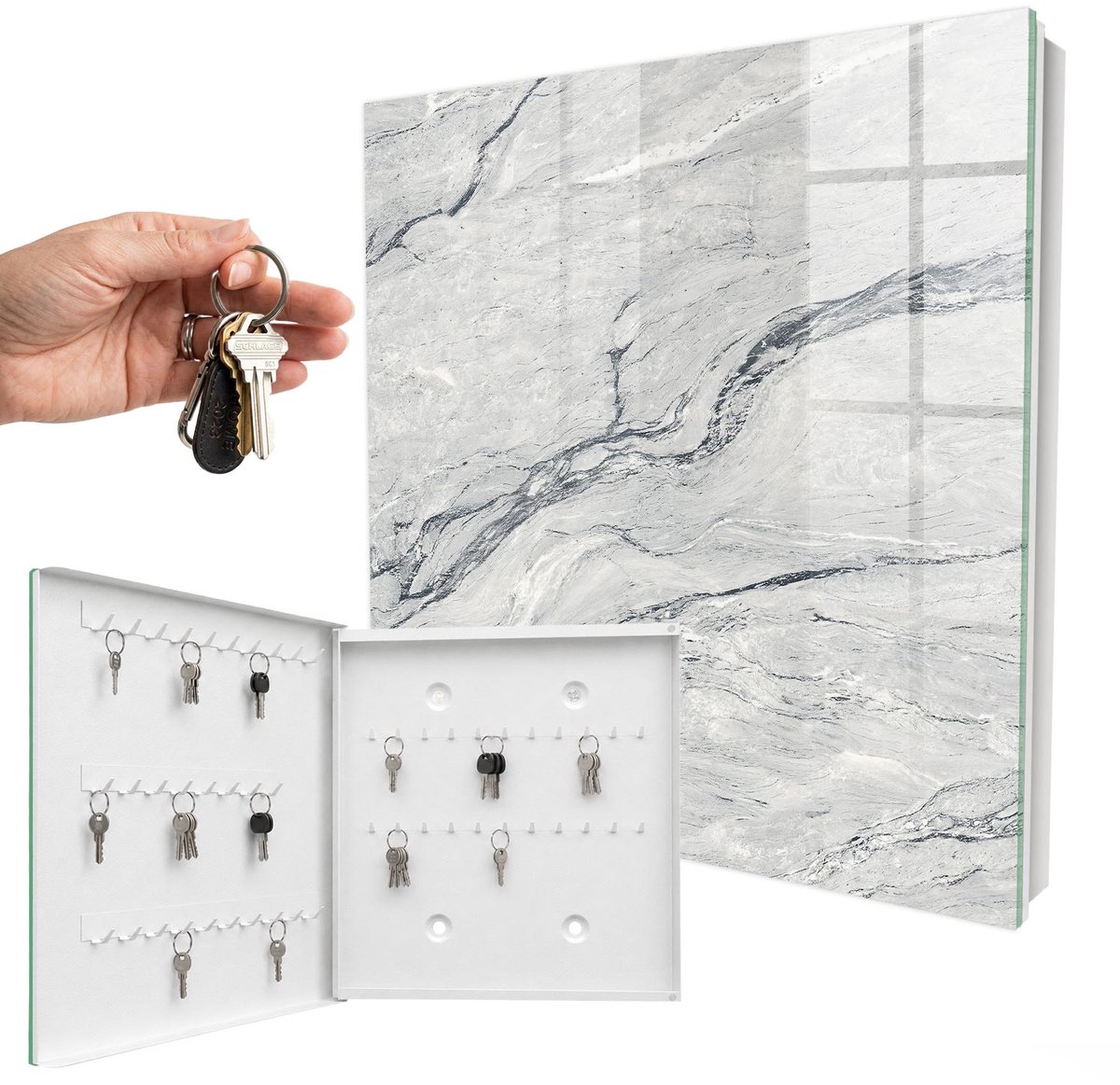 WallMuralia - Sleutelkast - 30x30x5 cm - met 50 haken - Steenpatroon Design Sleutelkastje - Grijs Sleutelbox - Linksopenend - Wit interieur
