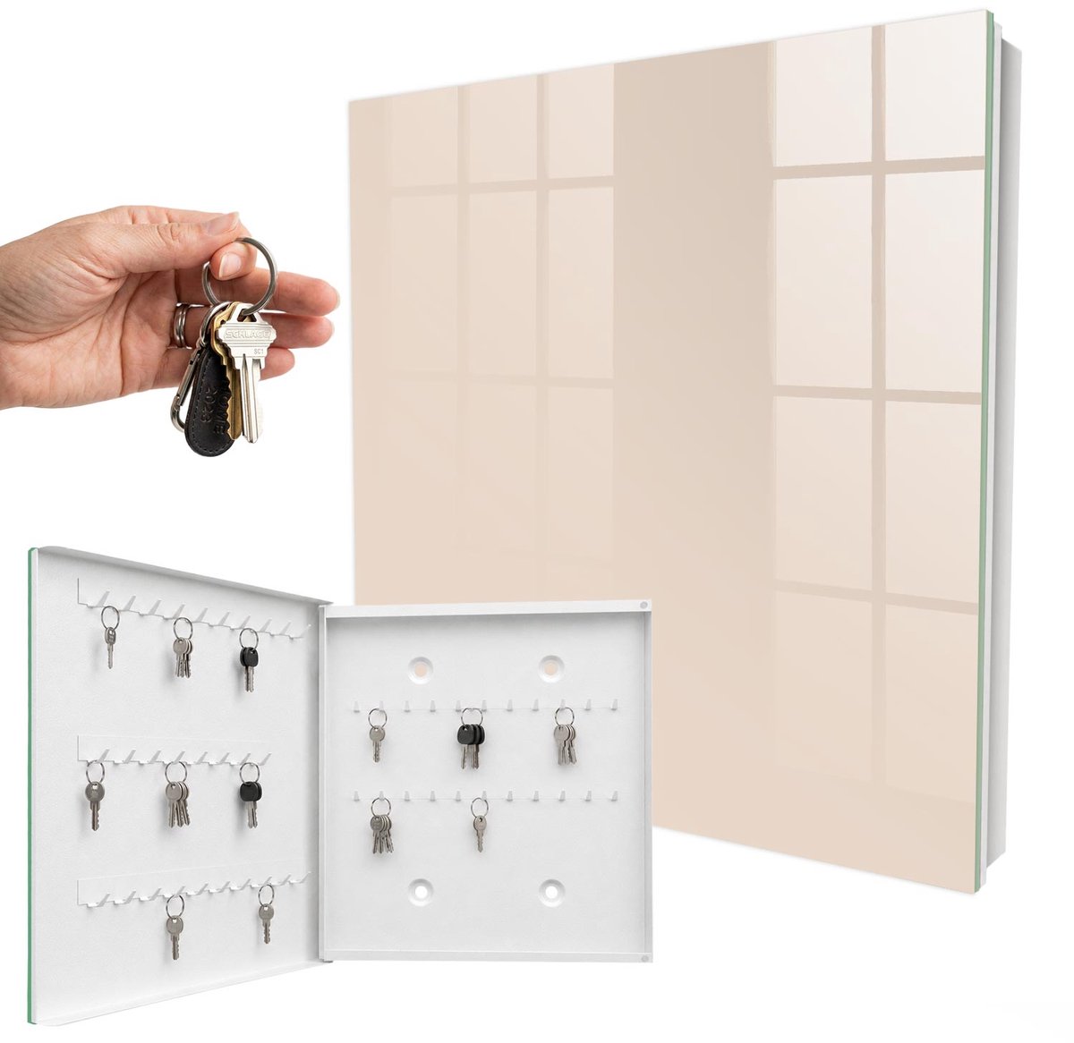 WallMuralia - Sleutelkast - 30x30x5 cm - met 50 haken - Warm Beige Sleutelkastje Landelijk - Beige Sleutelbox - Linksopenend - Wit interieur