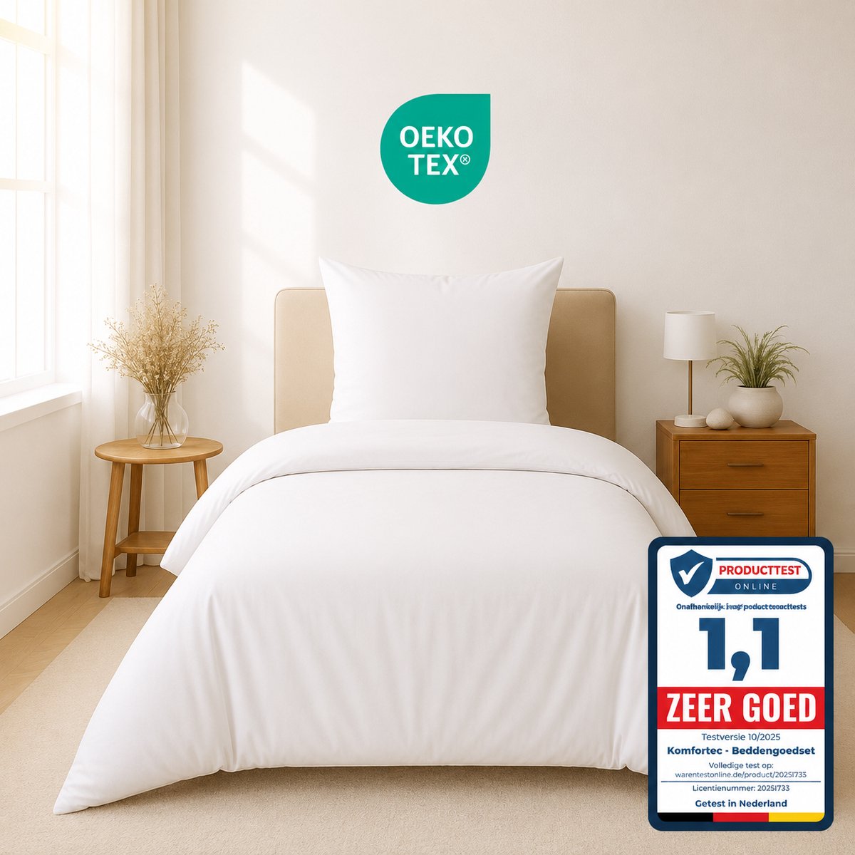 Komfortec Premium Dekbedovertrek 155x220 cm + Kussensloop 80x80 cm - 100% Microvezel - 90 g/m² - 2-Delige Superzachte Beddengoedset - met Rits - Wit