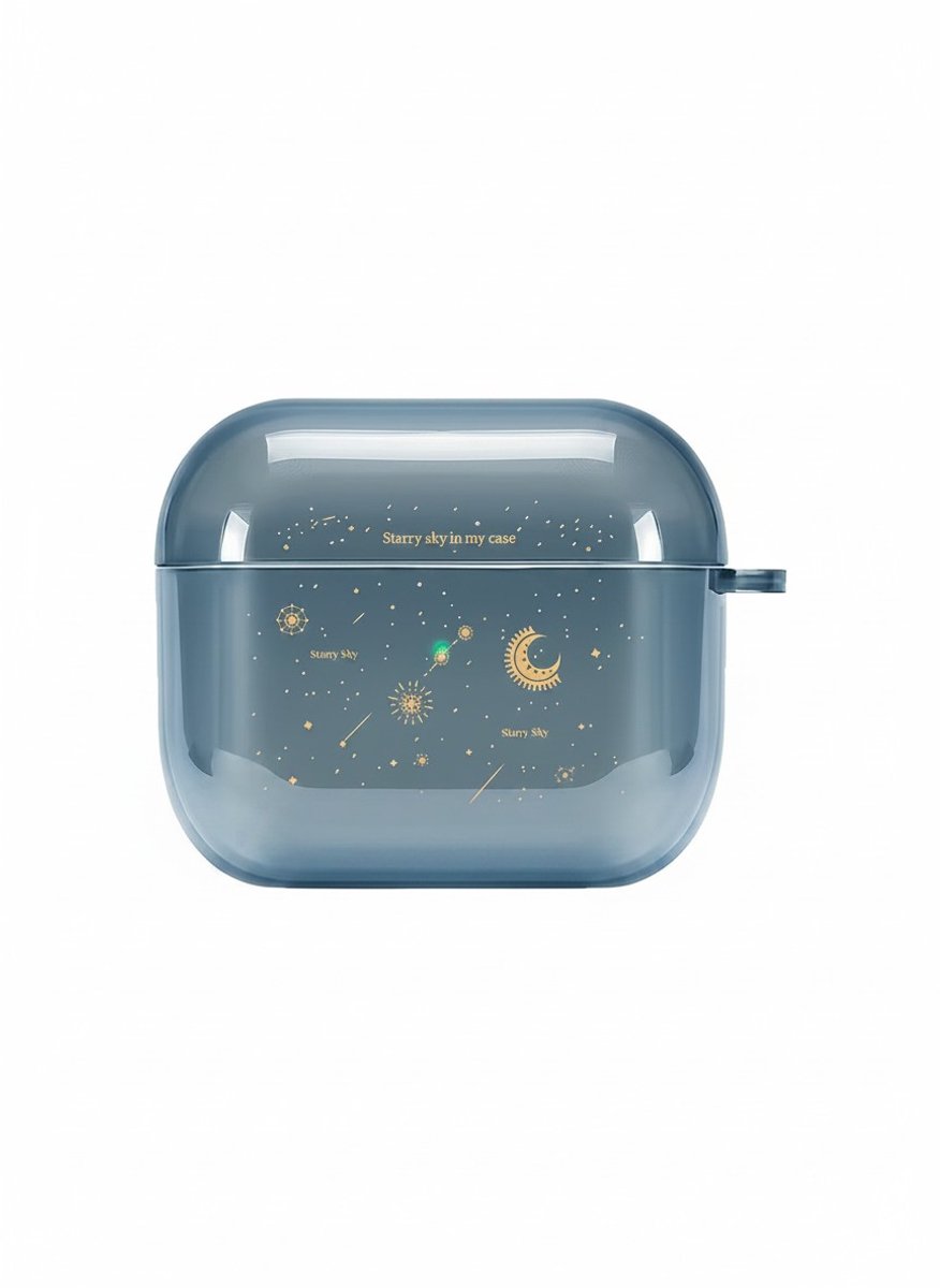 Enluxe Case geschikt voor Airpods 4 - Maan en Sterren Goud - Blauw Hardcase met Karabijnhaak, Schokbestendig Hoesje