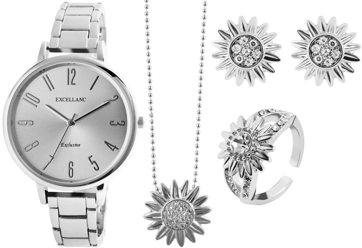 Excellanc dameshorloge geschenkset zilverkleurig cadeauset ketting, ring, oorbellen