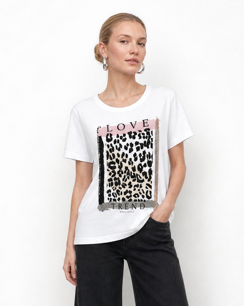 van Verla - Love Tshirt - Dames - Korte mouw - Ronde hals - wit / beige / zebra - Maat L