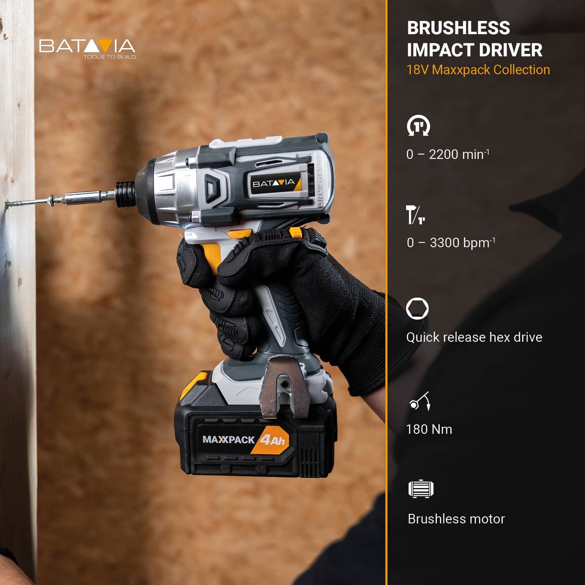 Batavia 18V Brushless Accu Slagschroevendraaier 180 Nm Incl. 4.0Ah Accu & Snellader