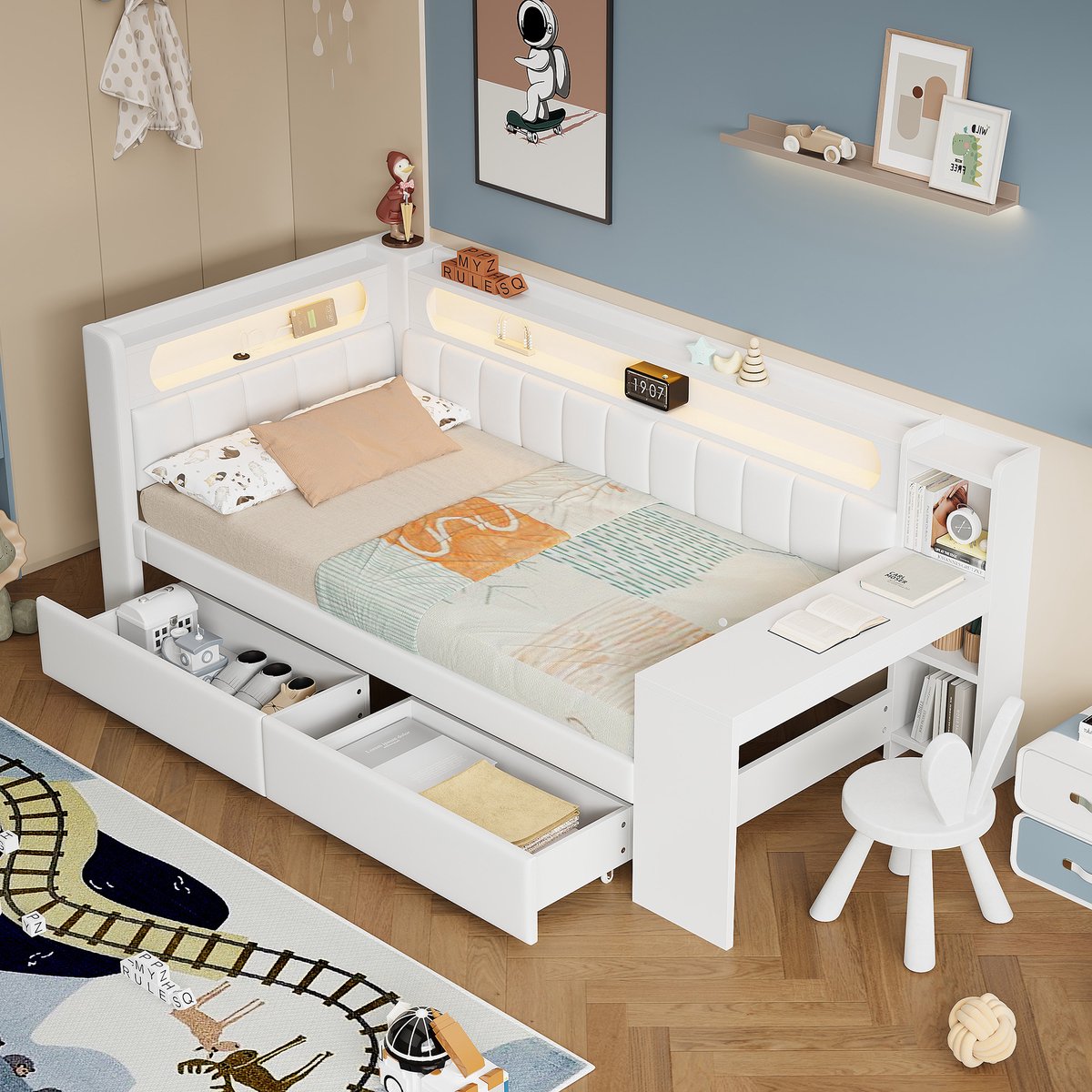 Slaapbank 90x200 cm - Gestoffeerd bed 90x200 cm - Eenpersoonsbed 90x200 cm - Met LED verlichting - USB aansluiting - 2 lade - Wit