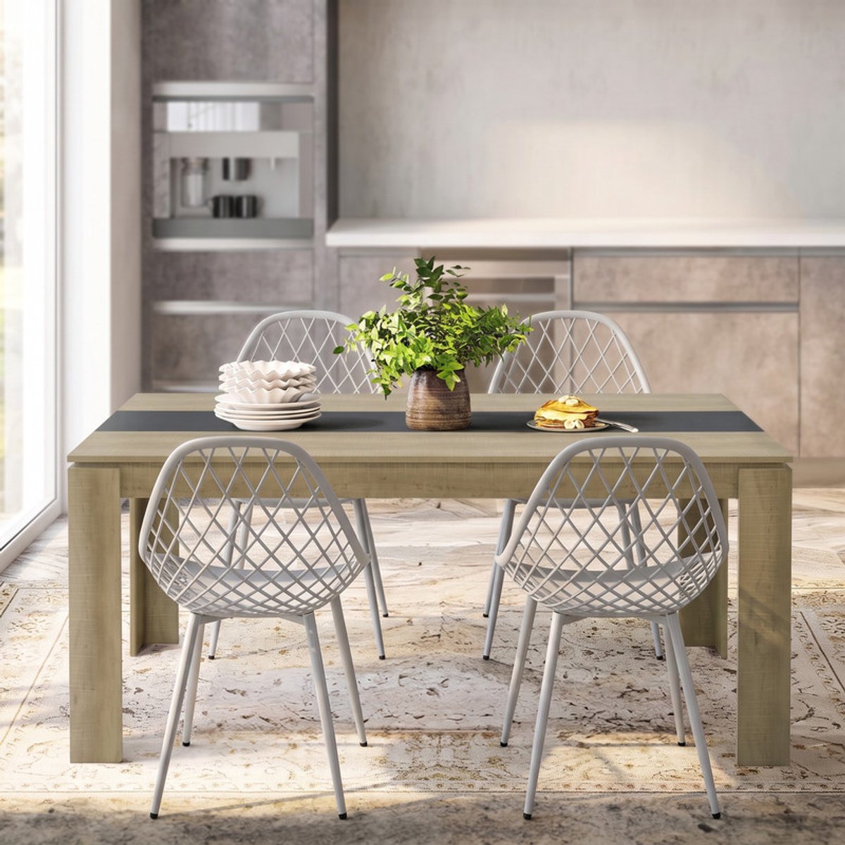 EGGREE 4-delige eettafel- en stoelenset; een eettafel- en stoelenset geschikt voor 4 personen - inclusief stoelen; geschikt voor keuken, eetkamer of woonkamer (eettafel 160 x 80 x 75 cm + 4 Grijze eetkamerstoelen).