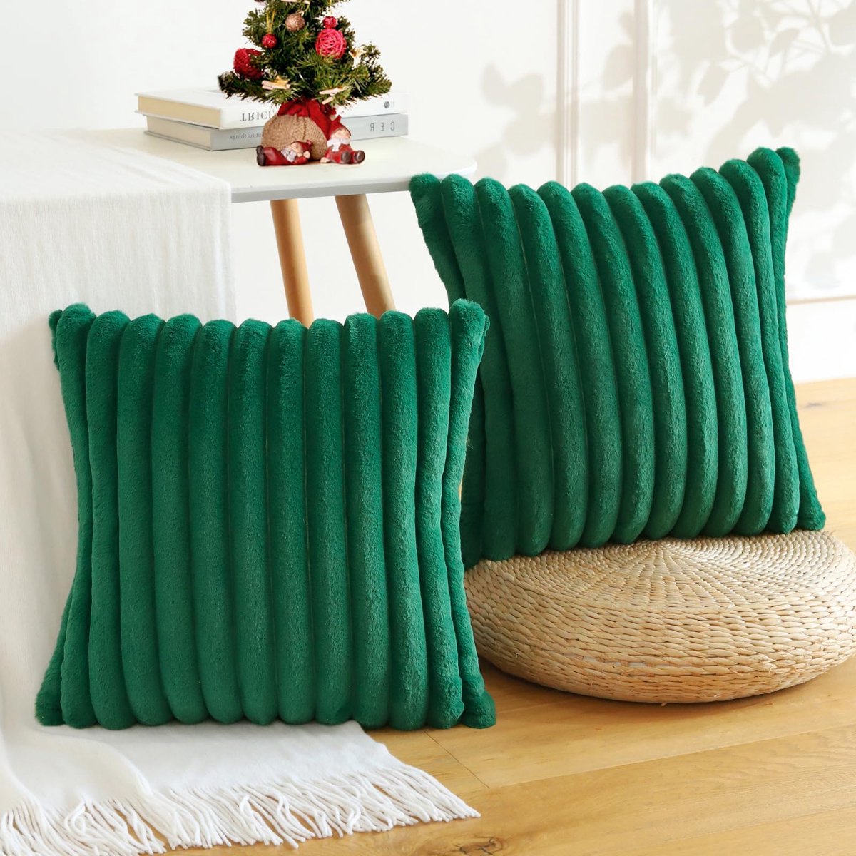 set van 2 pluche fluwelen kussenhoezen, zachte kunstbont decoratief kussenhoes, sierkussenhoezen, voor bank, slaapkamer, thuis, autodecoratie (50x50cm, diepgroen)