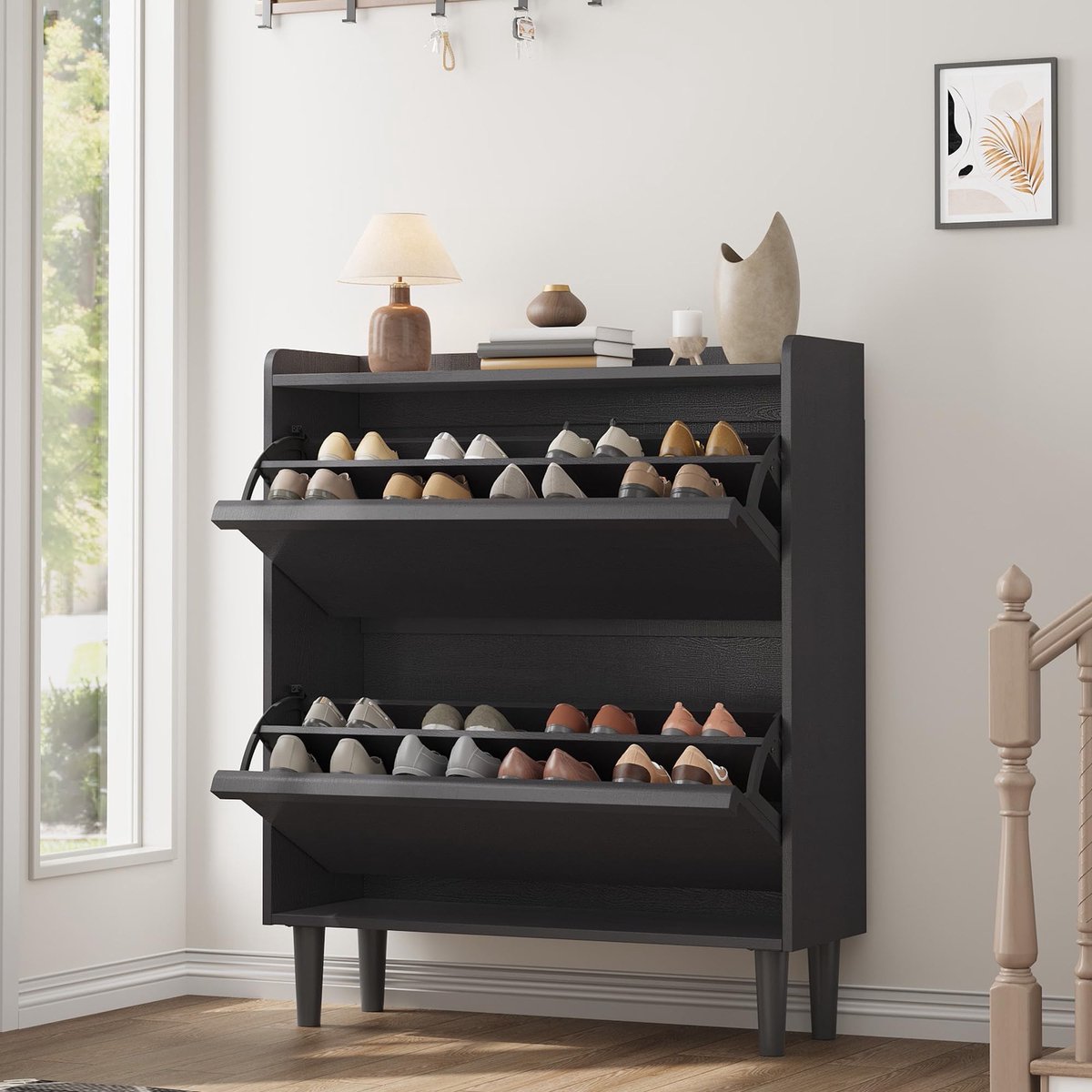 Smal Schoenenkast 2 Kleppen Voor 12-16 Paar Schoenen - 87x26x95cm - Schoenenrek - Schoenenmeubel Hout - Verstelbare Planken - Minimalistisch - Ruimtebesparend - Voor Hal Woonkamer - Zwart