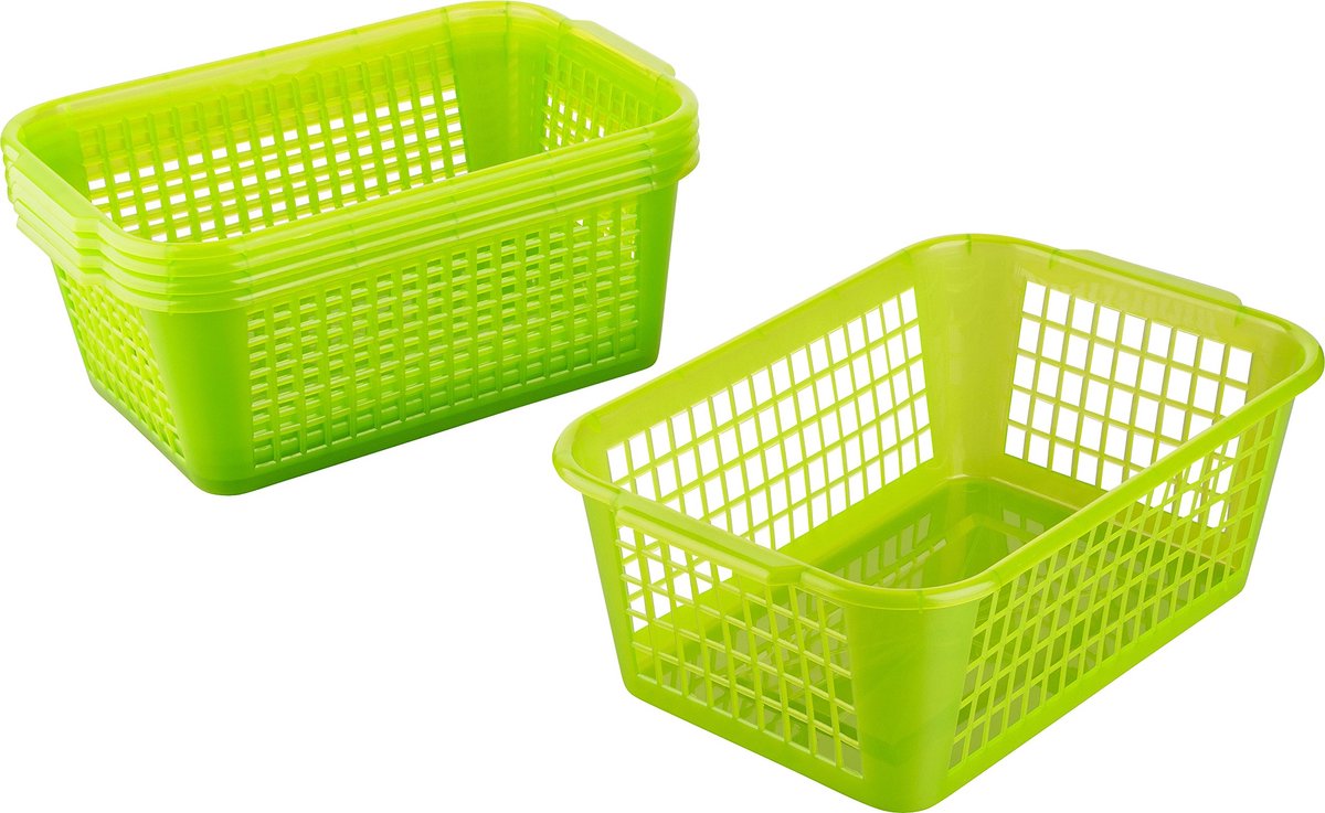 Opbergmand 28 x 20 x 11 cm, 4 l, set van 5 stuks, multifunctionele mand van robuust plastic, BPA-vrij, opbergdoos voor keuken en badkamer, huishoudmand voor opslag, mand voor opslag, groen