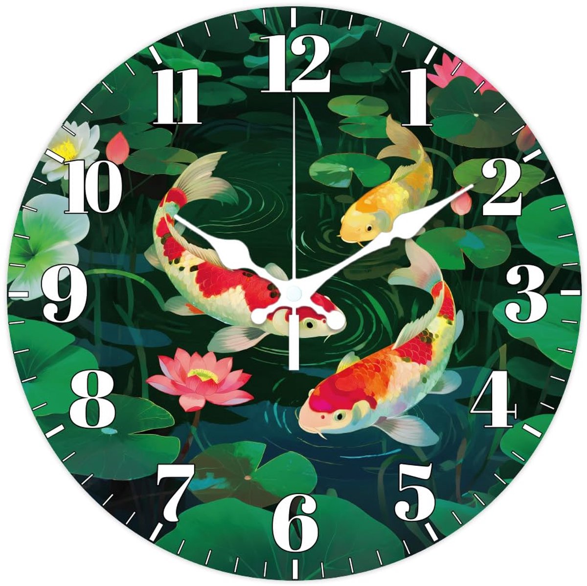 Wandklok met Chinese karperpatroon, 12 inch, niet-tikkende klokken, lotus, ronde wandklok, werkt op batterijen voor slaapkamer, woonkamer, keuken, kantoor
