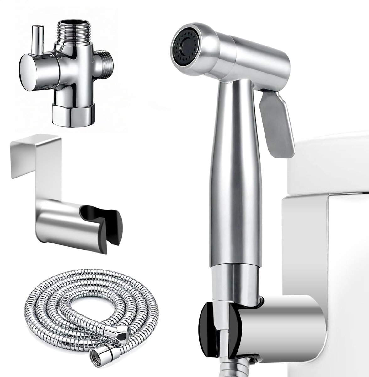Dailygoods - Bidet handdouche, handdouche, badkamer, bidet voor toilet, roestvrijstalen douchekop, bidetopzetstuk met 3-weg kraan en 1,5 m veerslang voor reiniging, toilet, toilet, persoonlijk