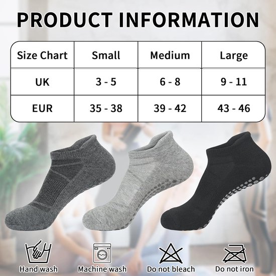 Sokken voor dames en heren, anti-slip pilatesokken maat 4-8 9-12, valpreventie enkelsokken voor hardlopen, ballet, dansen, ziekenhuis, thuistraining, yoga, fitness. — afbeelding 4