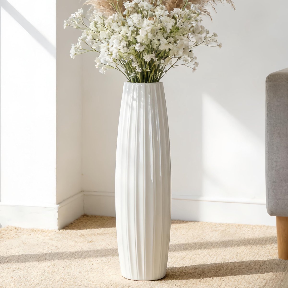 Dailygoods- Keramische Vaas 71 cm Hoog - Bloemenvazen voor Binnen - Decoratieve Vaas - Eenvoudig Design - Glanzend Oppervlak - Schokbestendig Verpakt - Bloemenvase