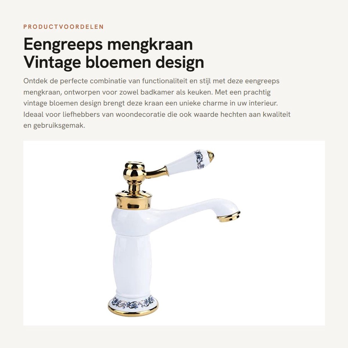 Dailygoods- Mengkraan Eengreeps - Badkamer/Keuken - Bronzen Waterkraan - Keramische Cartouche - Vintage Bloemen Design - 19 x 16,5 x 6,4 cm - Badkamerkraan