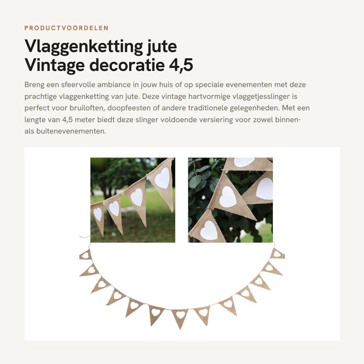 Dailygoods- Vlaggenketting Jute - Hartvormige Vlaggen - Vintage Slinger - Bruiloft Decoratie - 4,5 m - 13 Stuks Vlaggen - Feestdecoratie