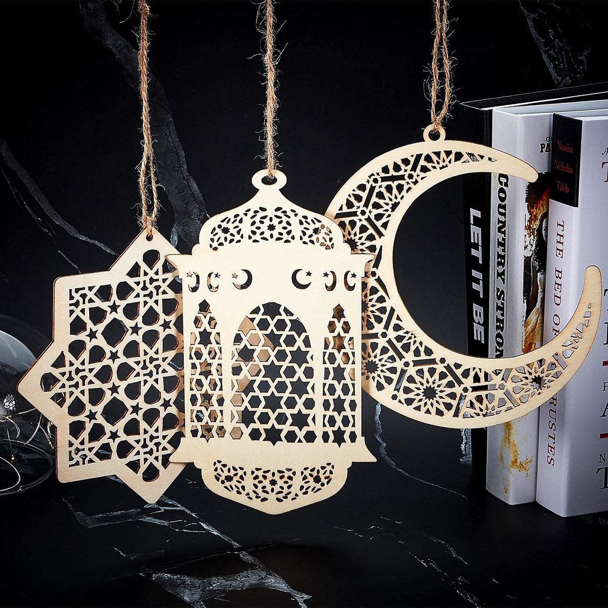 Dailygoods- Hanger Houten Decoratie - 2 Sets/6 Stuks - Maan/Ster Ornament - Ramadan Mubarak/Eid - DIY Meubels Decoratie - Veilig en Duurzaam