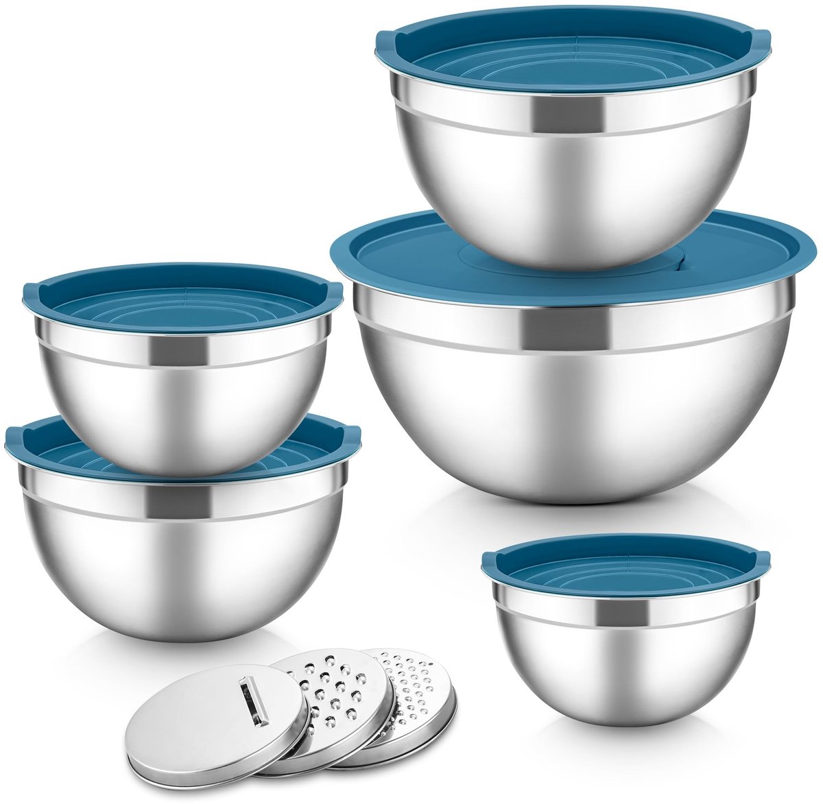 Dailygoods - Herogo Mengkommen, set van 5, blauw, roestvrij stalen kom met luchtdichte deksels, metalen slakom met 3 raspopzetstukken voor bereiden, bakken, serveren, bewaren, mixen, vaatwasmachinebestendig