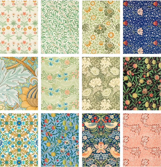 Collage van 12 ansichtkaarten met botanische prints van bloemen, bladeren en fruit.