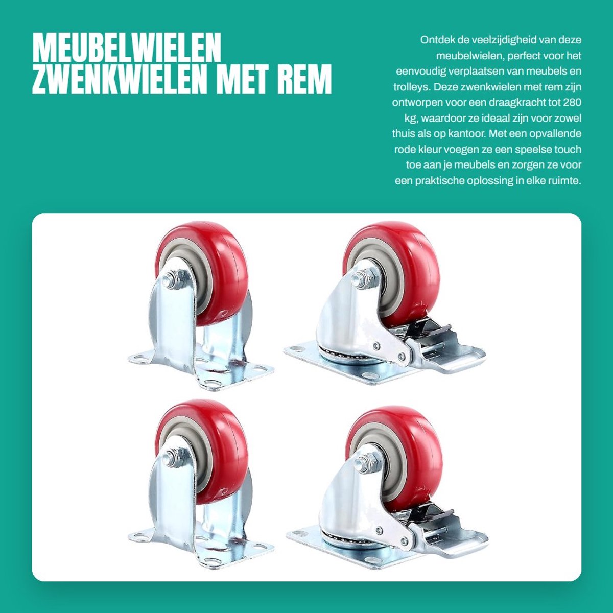 Dailygoods- Meubelwielen 75 mm - Zwenkwielen met Rem - Transportwielen - Draagkracht 280 kg - 360 Graden Draaibaar - 4 Stuks