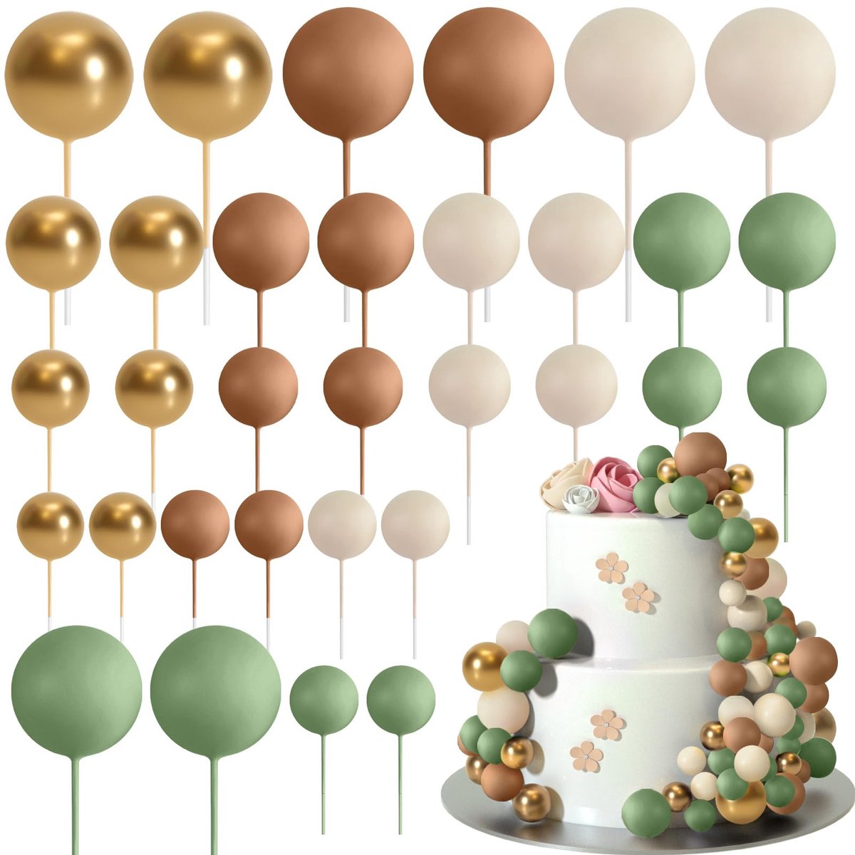 32 stuks taartdecoratie ballonnen cake topper, mini-ballonnen taartversiering voor bruiloft feest babyshower verjaardag taart decoreren (groen, bruin, goud)