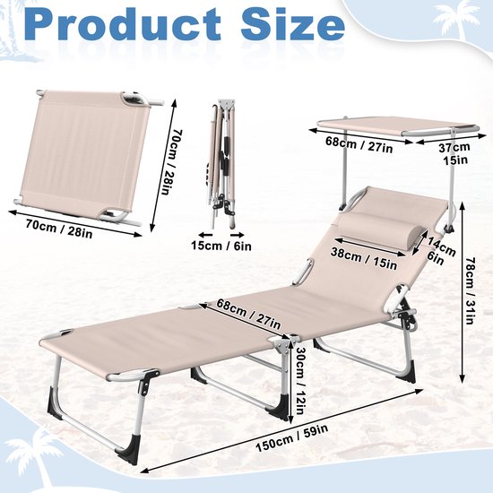 Zonneligstoel met dak, tuinstoel, outdoor ligstoel met hoofdkussen, strandstoel, inklapbaar, verstelbare rugleuning, zonwering tot 100 kg, voor strand, camping, balkon, terras, kaki — afbeelding 2