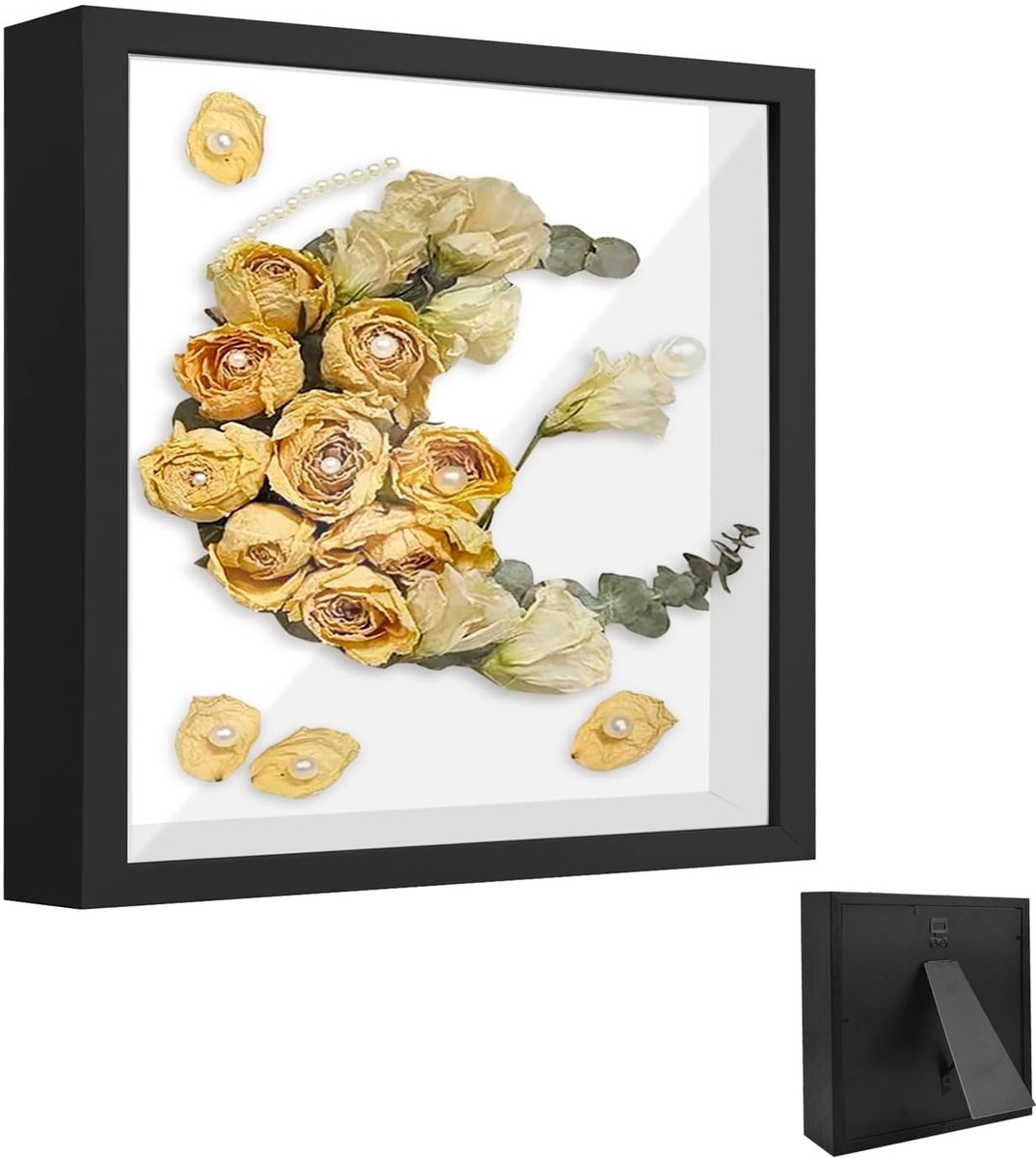 Fotolijst om te vullen, 25 x 25 cm, hout, doe-het-zelf bloemen, schaduwbox, met transparante acrylplaat, 3D, vierkante objectlijst, diepte 3 cm, voor foto's, kunstwerken, herinneringen (zwart)
