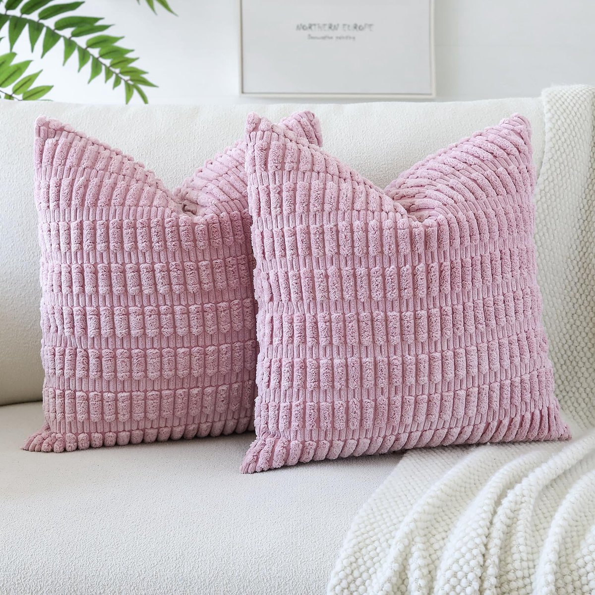Set van 2 corduroy zachte gestreepte kussenslopen 40 x 40 cm Boho decoratieve kussenhoezen vierkante kussensloop woondecoratie kussenslopen voor bank bank woonkamer bed (Taro paars)