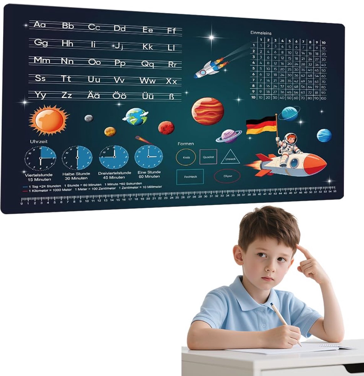 Bureauonderlegger voor kinderen, 60 x 40 cm, ruimte, afwisbare leren onderlegger van leer, voor jongens met alfabet en eenmalig gebruik, antislip bureaumat voor school en kinderkamer