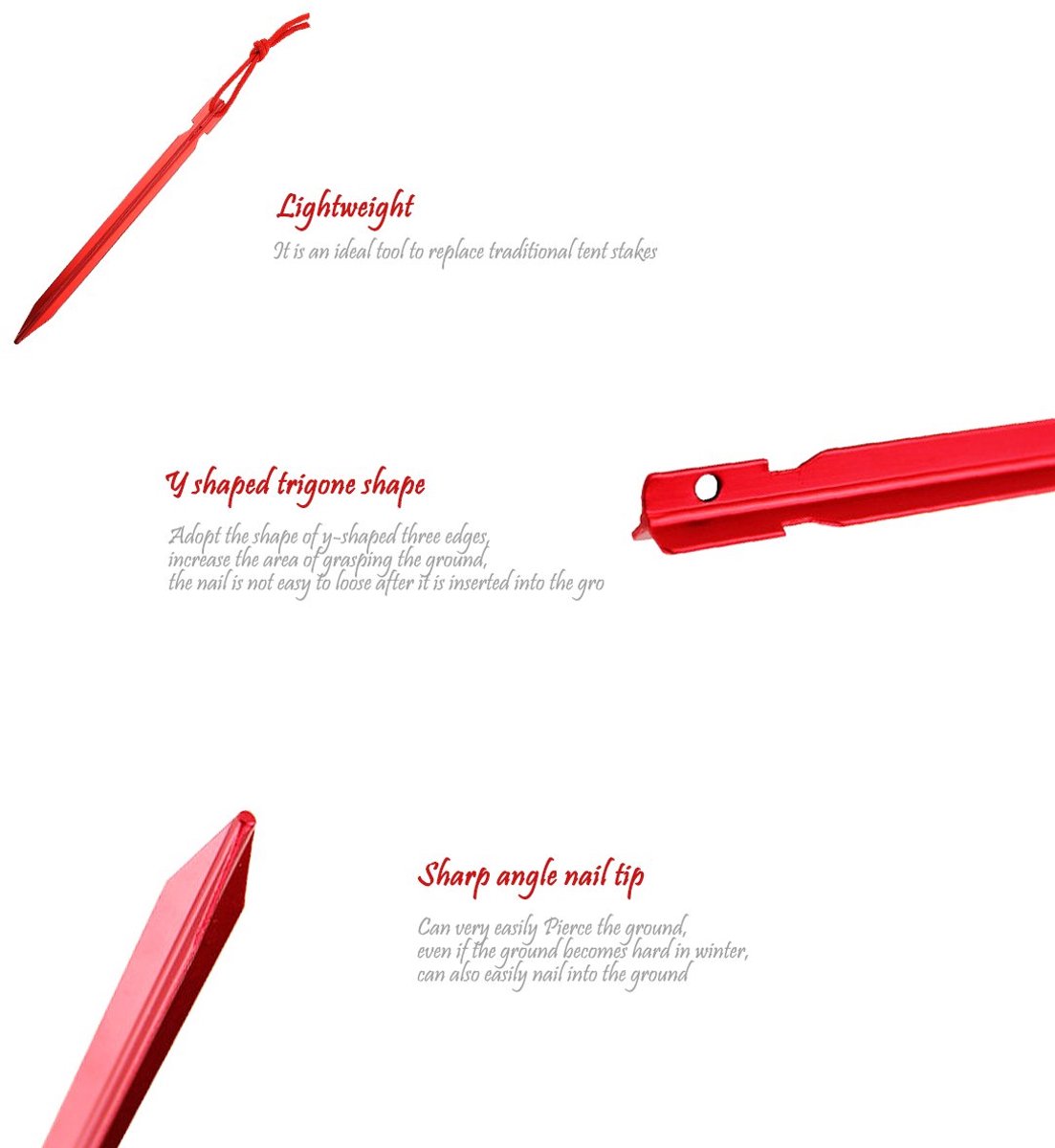 Tent Peg, 10 stuks 7 inch aluminium legering spel met touw, Tri-kegel vormige anker staak, lichtgewicht en draagbaar, rood, inclusief Oxford tas