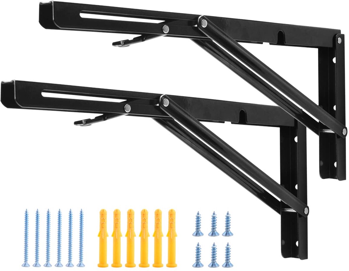 Opvouwbare Plankbeugels 400mm Metalen Klapbeugel zwaar Belastbaar Planksteunen Wandmontage Vouwbeugel, Max 150Kg, L-hoek Inklapbare Plankdragers voor Zitbanken en Planken, zwart, 2 stuks