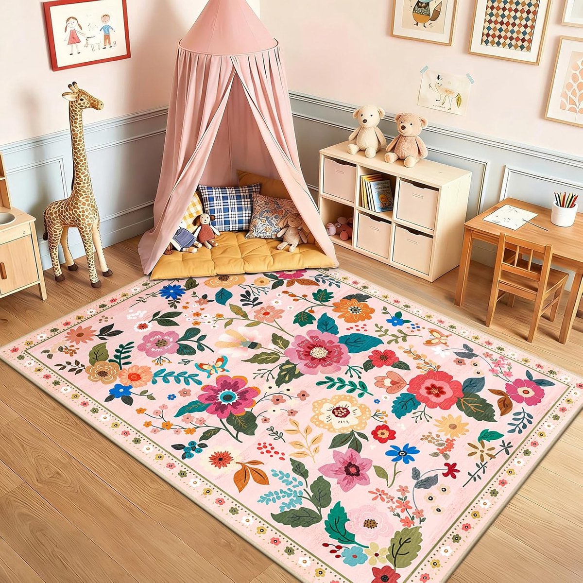 Vloerkleed voor woonkamer, machinewasbaar, groot bloementapijt, 120 x 180 cm, vintage, bohemien, antislip, laagpolig, voor slaapkamer, keuken, entree, woonkamer, decoratie, roze en beige