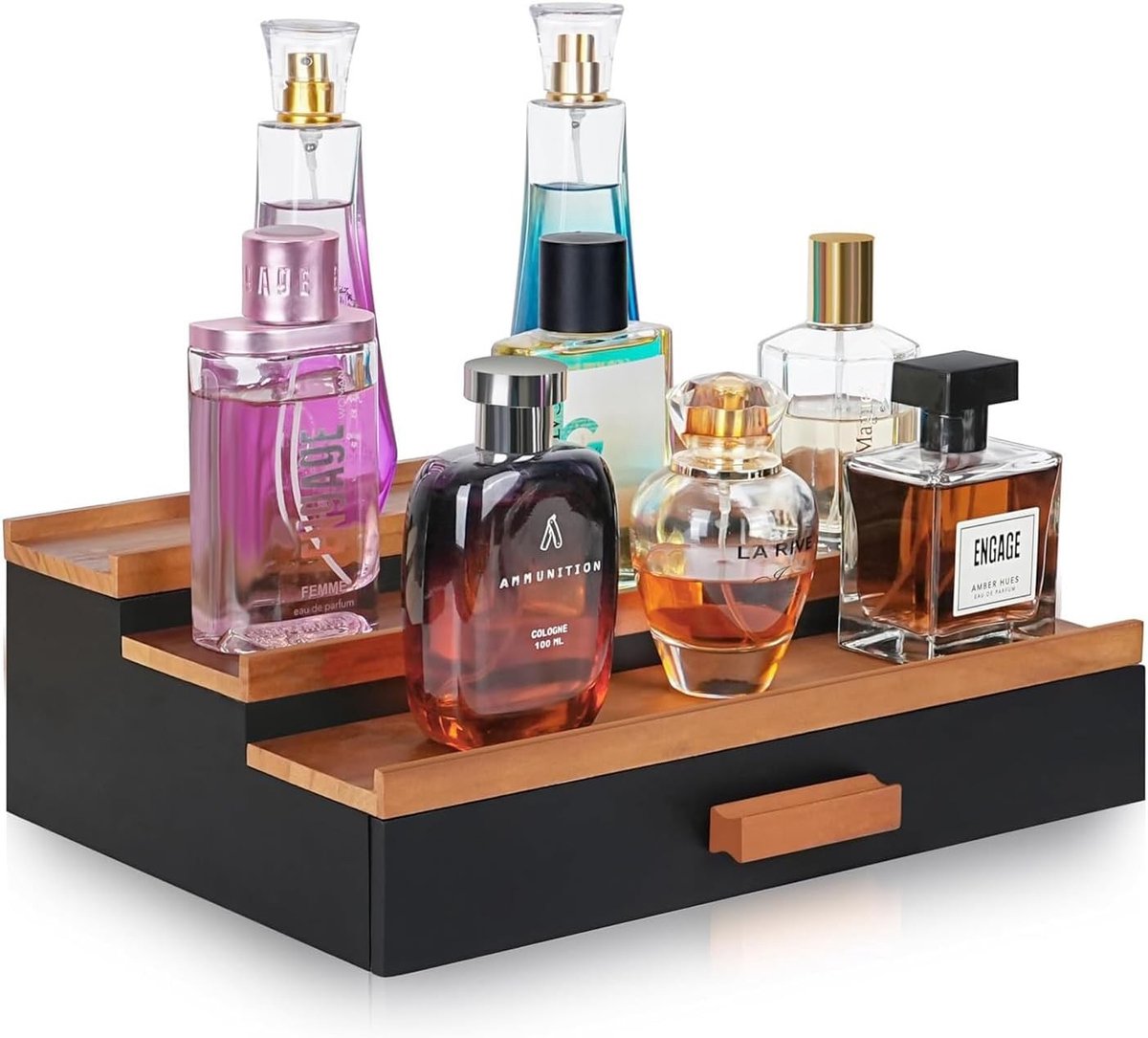 Houten parfumrek met 3 etages en lade, rustieke organizer voor parfum, ideaal voor commode en werkblad, perfect voor mannen en cadeau voor vrienden