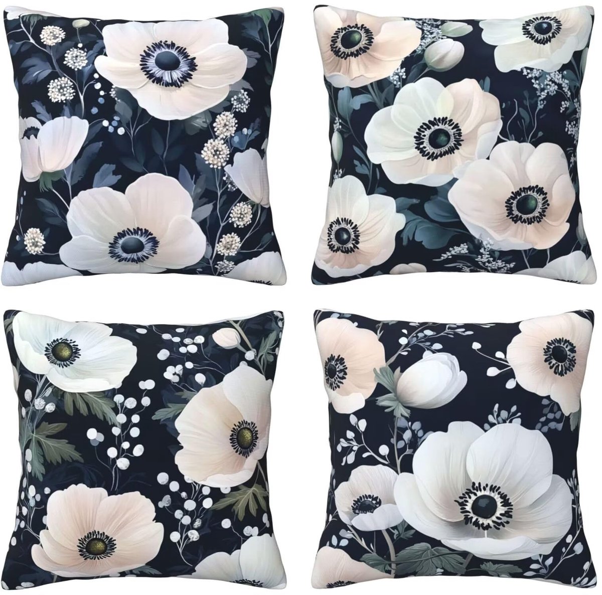 Set van 4 kussenhoezen, sierkussenhoezen met witte bloemen, 65 x 65 cm, behaaglijk, kussenhoes met onzichtbare ritssluiting, zacht, wollig, bankkussen, wasbaar, voor terras, tuin, bank en woonkamer