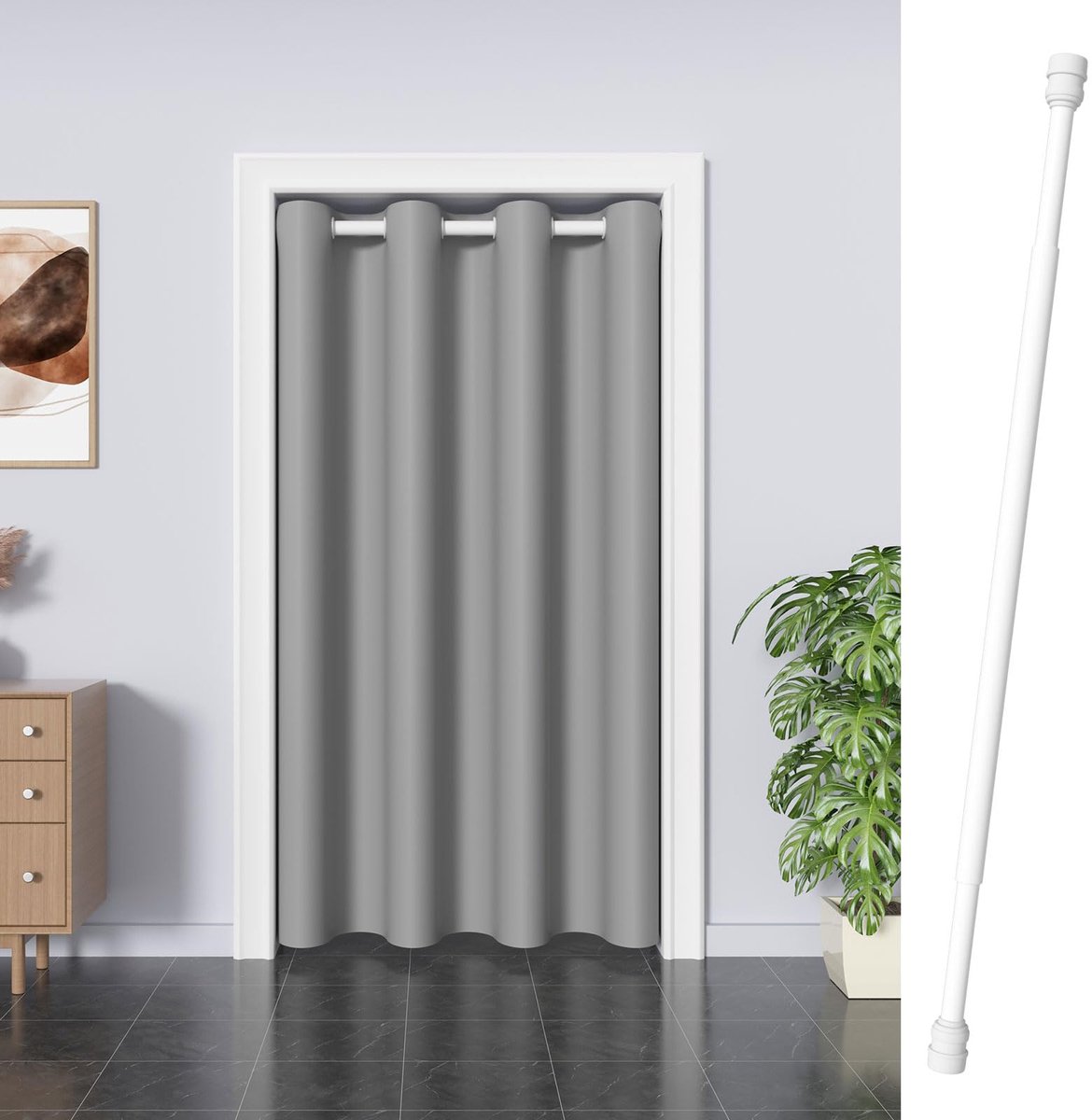 Deurgordijn met telescoopstang, zonder boren (grijs, 200 x 150 cm (H x B) en 70 tot 120 cm telescoopstang)
