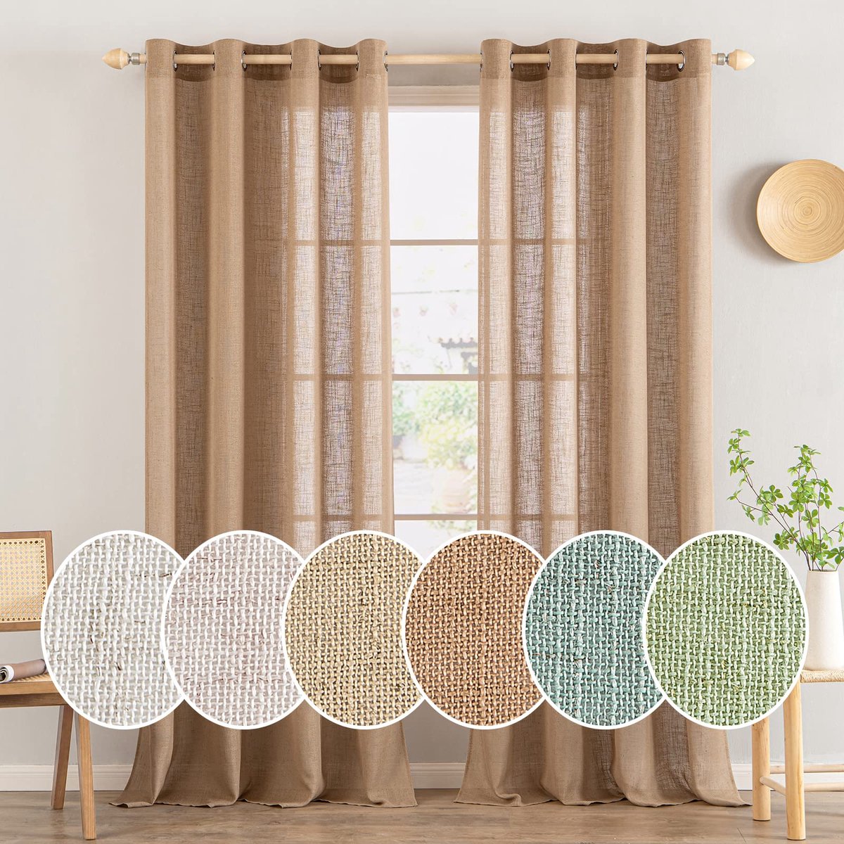 Doorschijnende linnen gordijnen met oogjes, 2 stuks, modern, voor twee balkondeuren, woonkamer, slaapkamer, 175 x 140 cm, bruin
