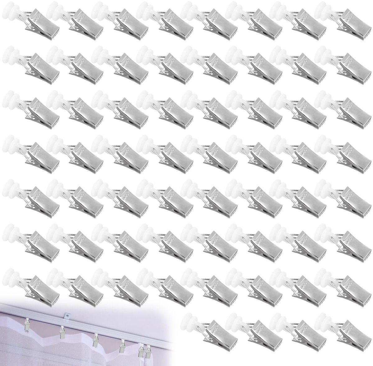 Gordijnklemmen, gordijnhaken met wieltjes, railglijders, gordijnrollen, metalen gordijnrunners, T-rails, gordijnclips voor gordijnhaken, douchegordijn, deurgordijnen, caravans, 60 stuks (B))