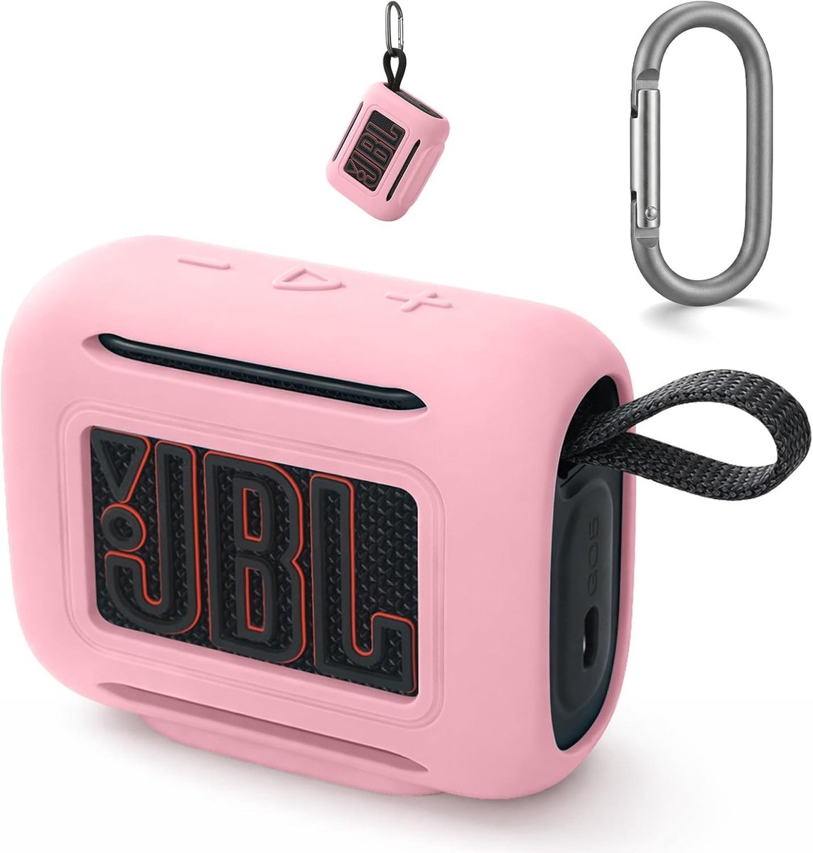 Reisdragende beschermhoes voor Bluetooth-luidsprekers, siliconen hoes met karabijnhaak (roze)