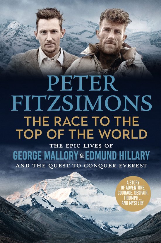 Boekomslag met Peter FitzSimons, "The Race to the Top of the World". Toont George Mallory en Edmund Hillary, met de Mount Everest op de achtergrond.