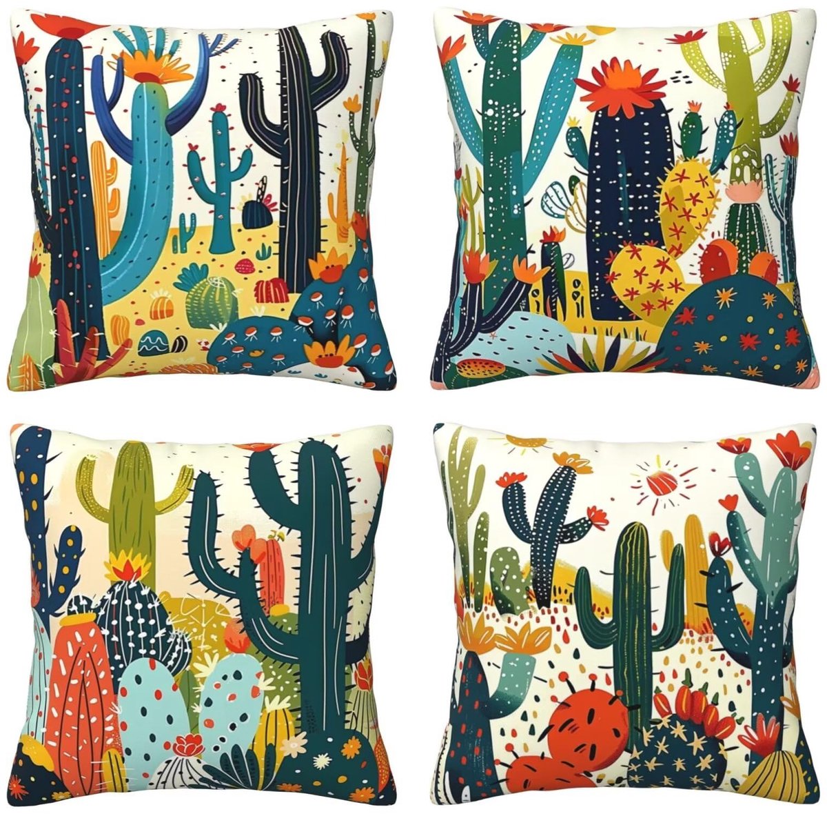 Set van 4 kussenslopen, 65 x 65 cm, cactus, kussenslopen, fluweel, zacht, groot, ademend, dubbelzijdig, bankkussen, vierkant, decoratie voor bed, auto, huis, woonkamer, bank, stoel, slaapkamer, F8391