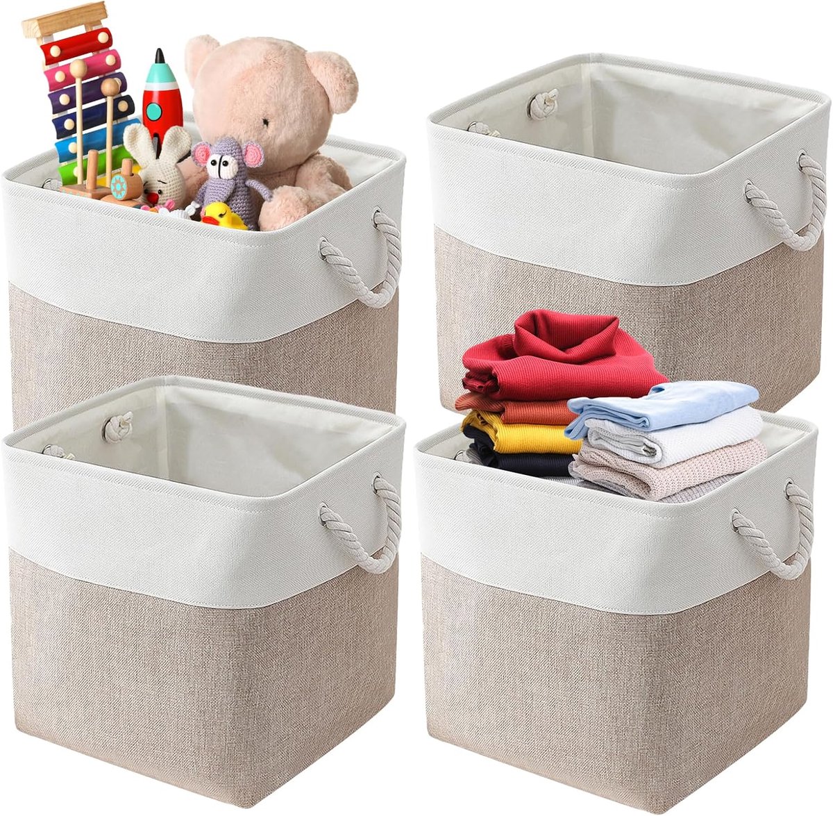 Opbergdozen, set van 4 opvouwbare opbergdozen met handvat, 33 x 33 x 33 cm, opbergmanden voor planken, kasten, speelgoed, kleding, boeken (wit + kaki)