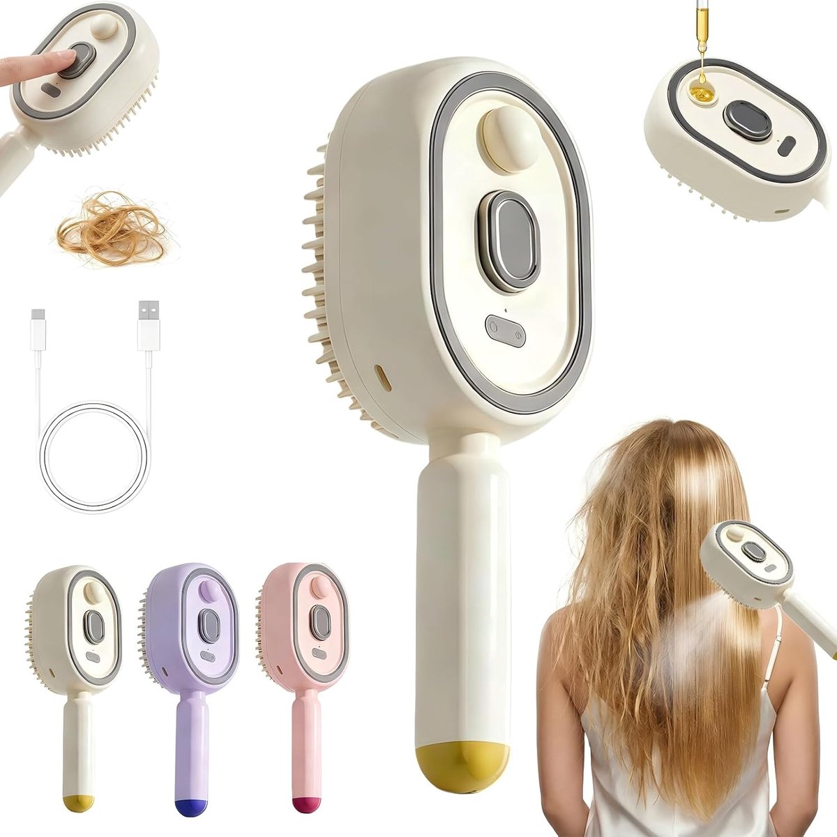 Elektrische Stoomborstel - Multifunctionele Stoom Haarborstel - Tegen Pluis en Statisch - Oplaadbaar - Verstelbare Tanden - Spray Functie - Anti Klit Haarborstel - Massageborstel - Anti Klit Borstel - Luchtkussenkam - Haar Stylen - Beige