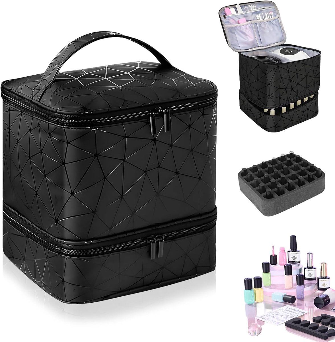 Opbergkoffer voor nagellak, waterdichte organizer met 2 niveaus en uv-lampvak, 30 flessen, nylon tas voor nageldesign, professionele cosmetica-opslag