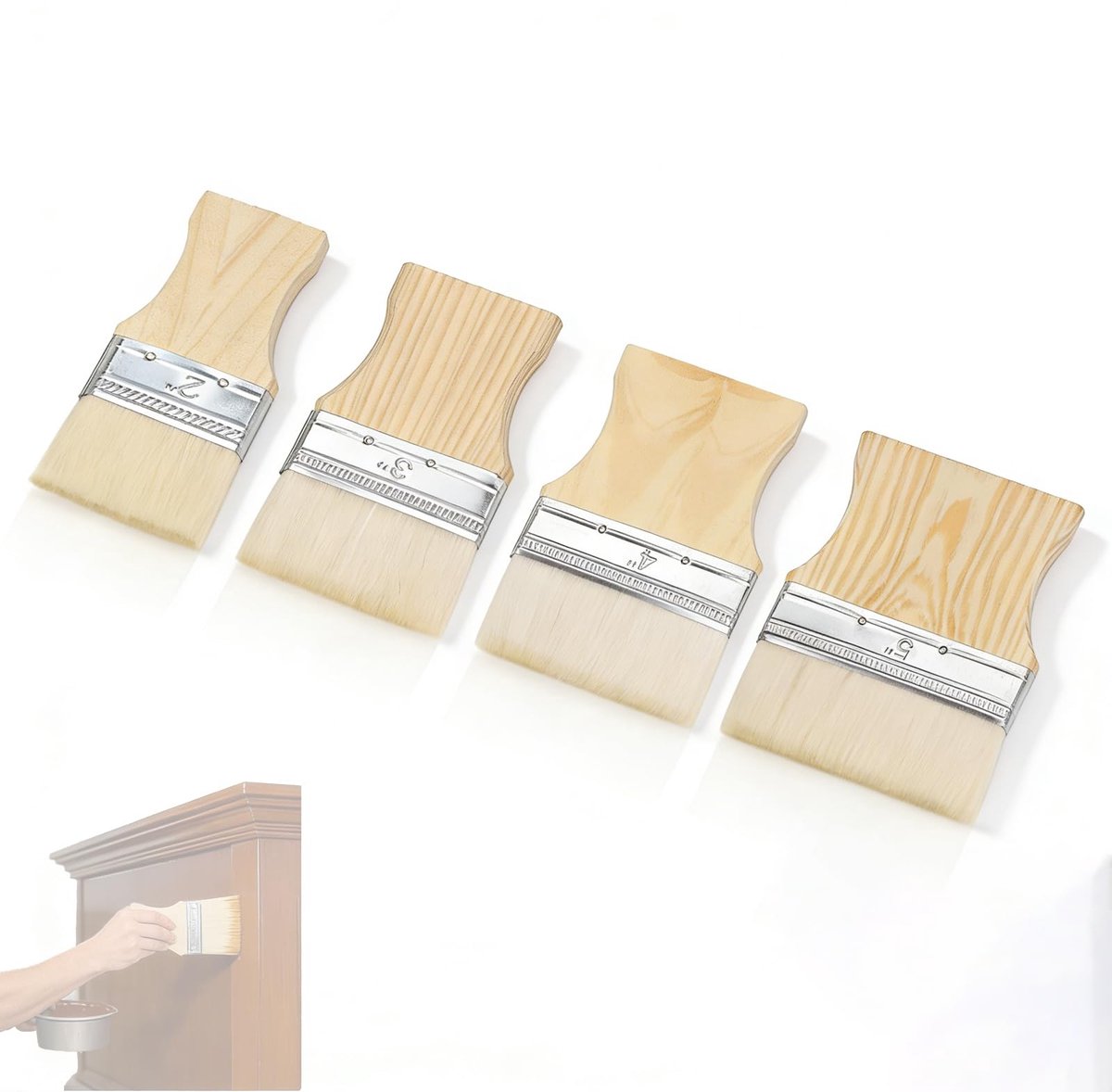 Set van 4 borstels van wol met vierkante handgreep, 2/3/4/5 inch, houten handvat, zachte borstels, herbruikbare kwastenset voor renovatie en schilderen.