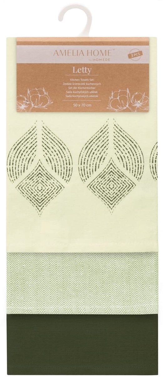 Set van 3 theedoeken, katoen, keukendoeken, 50 x 70 cm, geometrisch patroon, Letty, donkergroen, olijfgroen