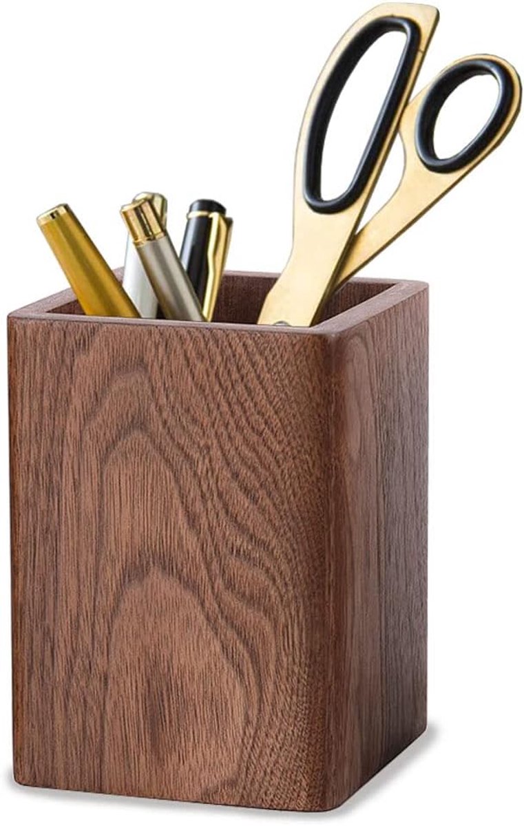 pennenkoker, vierkante pennenhouder, bureau-organizer, zwart walnoothout, handgemaakt, voor schrijfwaren, make-upkwasten, bureaus, kantoren (bruin)